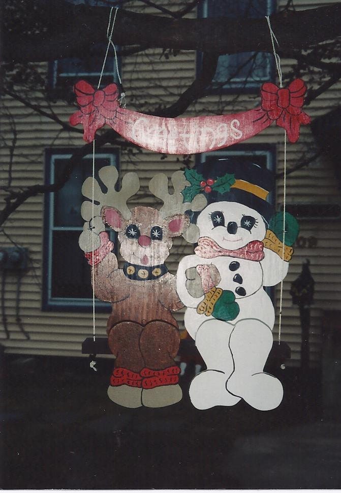 Handmade Custom painted swinging reindeer and snowman sign for your yard