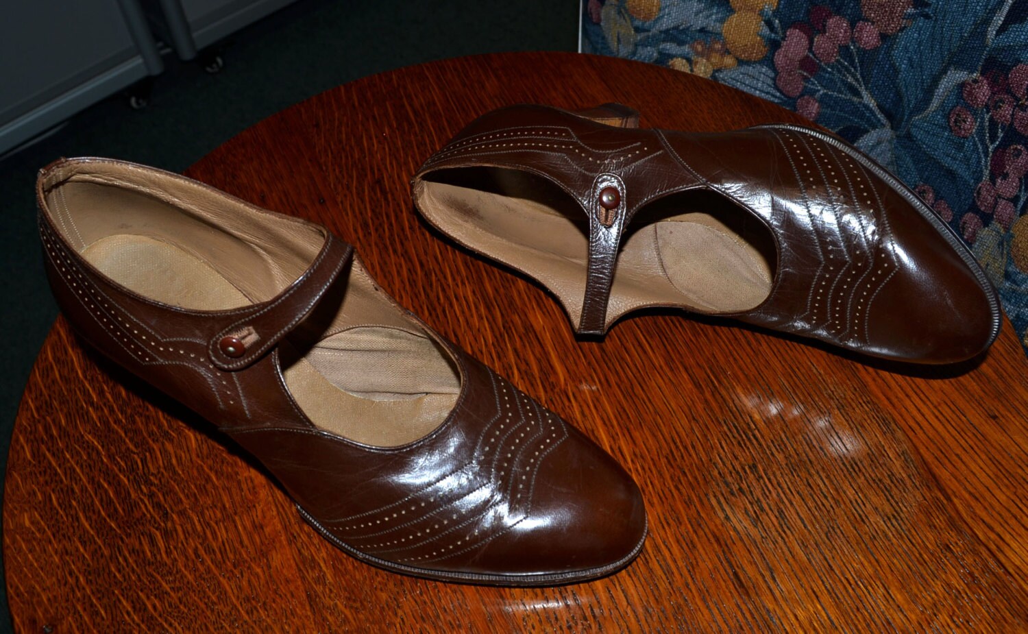 Vintage 1920s 20's brown leather shoes brogues mary janes stacked heel | eBay