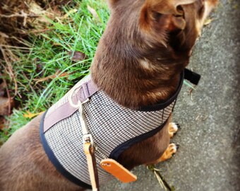 Sherlock Holmes houndstooth Small Dog Harness, brown plaid, velour lined, classic look, Made in USA