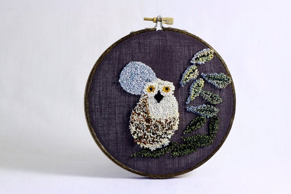 Owl with Full Moon Eco Friendly Punch Needle Embroidery Hoop Art. 5 Inch Embroidery Hoop. Bird, Woodland. Grey, Cream, Green