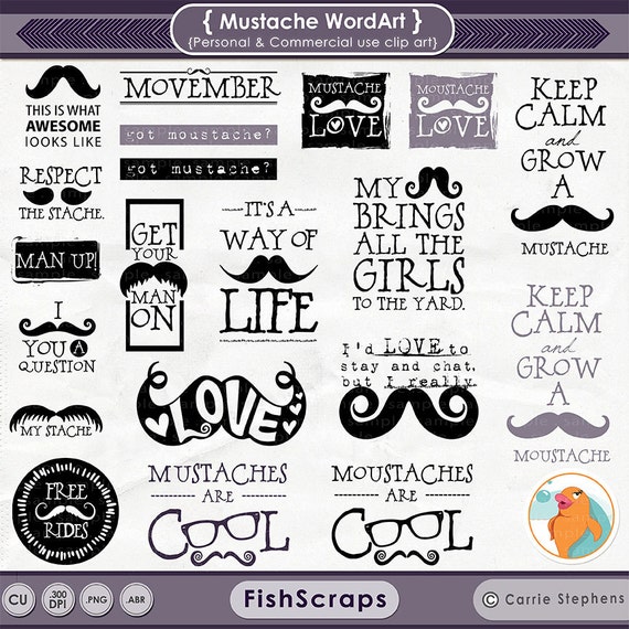 Mustache Word Art, Hipster ClipArt, Moustache Quote, Movember Scrapbook Titles, PNG Digital Graphics + PS Brushes, Digital Art Il_570xn