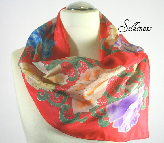 Red Valentine's Day Scarf Floral Silk Scarf- Perfect Gift for Her- Women's Gifts-  Hand Painted Silk Scarf.  Red Silk Scarf. Modern Scarves.