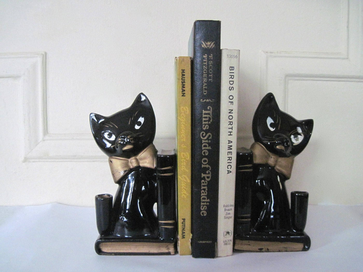 le black cat vintage 1960s ceramic bookends pen holder