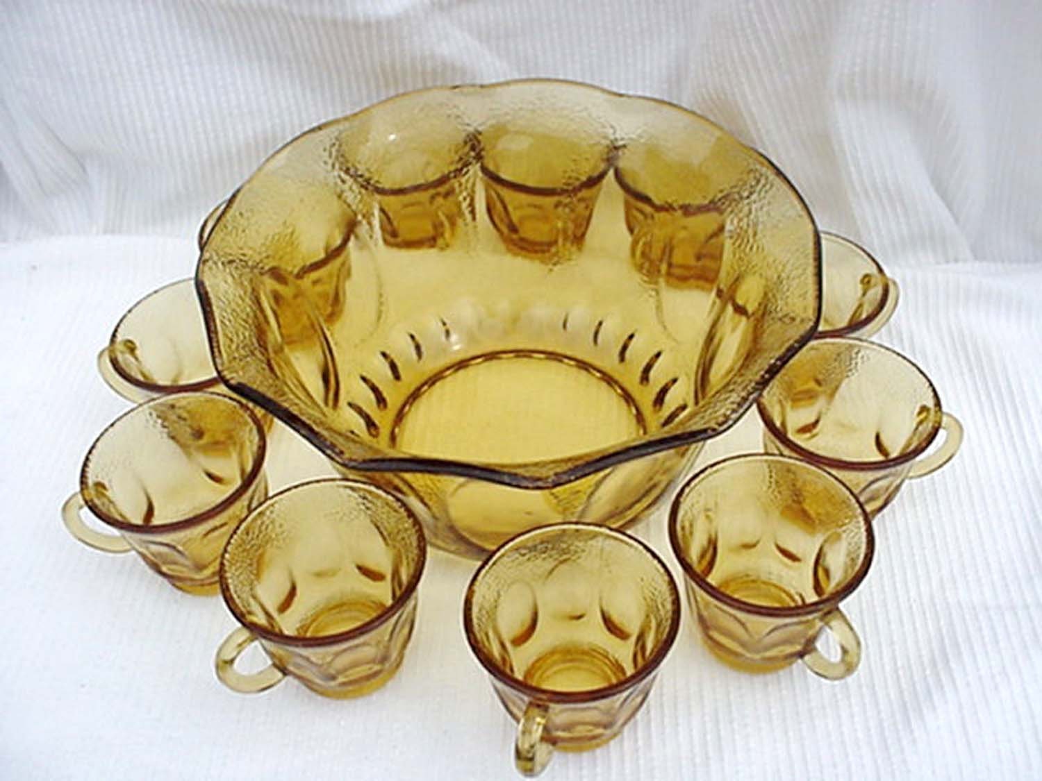 Amber Depression Glass Party Punch Bowl with 11 Matching Cups