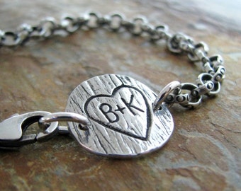 Personalized PMC Fine Silver Artisan Bracelet, Woodgrain Texture, Handcarved with Heart and Initials by SilverWishes