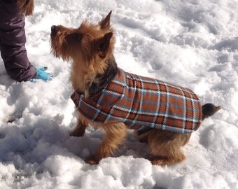 Brown Turquoise and Black Plaid Coat- Size Small 12 to 14 Inch Back Length - Or Custom Size