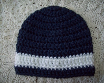 Hand Crochet Navy Blue and White BOW HAT BEANIE Infant