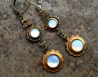 Victorian Glass White Opal and Brass Dangle Earrings, Victorian Glass Moonstone Brass Earrings