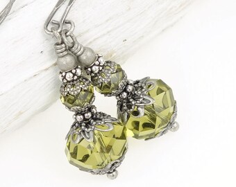 Softed Muted Olive Green Earrings in a Vintage Style Antique Silver Finish Romantic Vintage Inspired Silver Jewelry Beaded Crystal Earrings