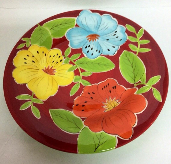 Laurie Gates Floral Ceramic 11 Dinnerplate Red Lime