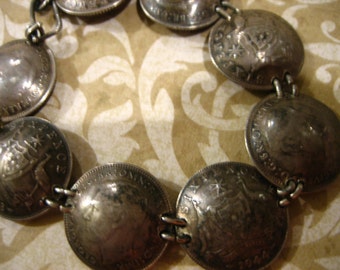 Vintage Australian Sterling Six Pence Trench Art COIN Bracelet WW11 Era Coins