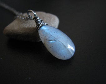Labradorite Necklace Blue Green Flash Labradorite Wire Wrapped Gemstone Oxidized Sterling Silver