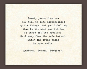 Life Quote, inspirational print, typography, typewriter, Explore, Dream, Discover