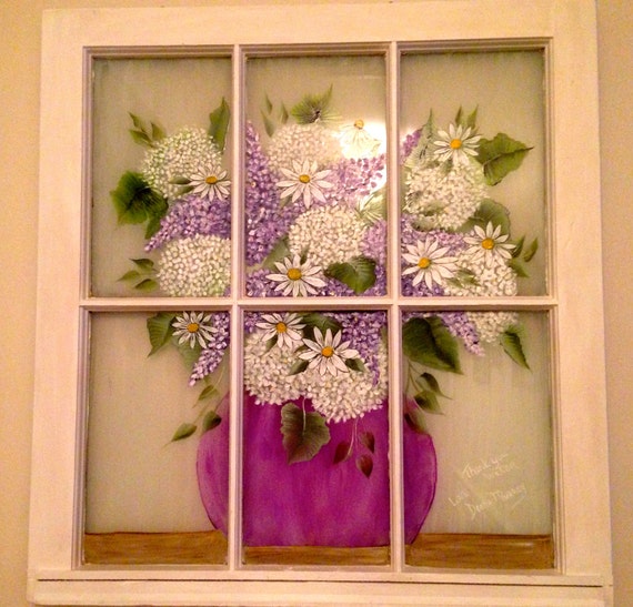 Vintage window hand painted with flowers custom ordered