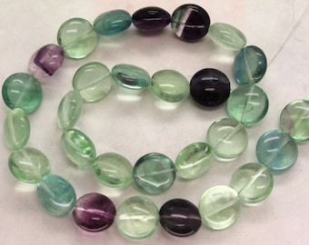 14mm Genuine Rainbow Fluorite Puffed Coin Beads - 16 Inch Strand