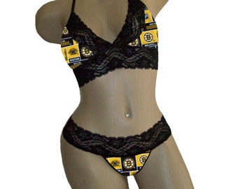 Sexy Boston Bruins NHL Lingerie Black Lace Cami Bralette Style Tie-Top and Matching G-String CUSTOM Sizing
