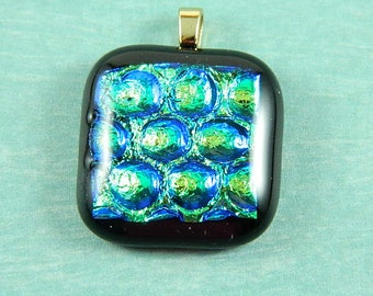 Turquoise and Green Dichroic Fused Glass Pendant