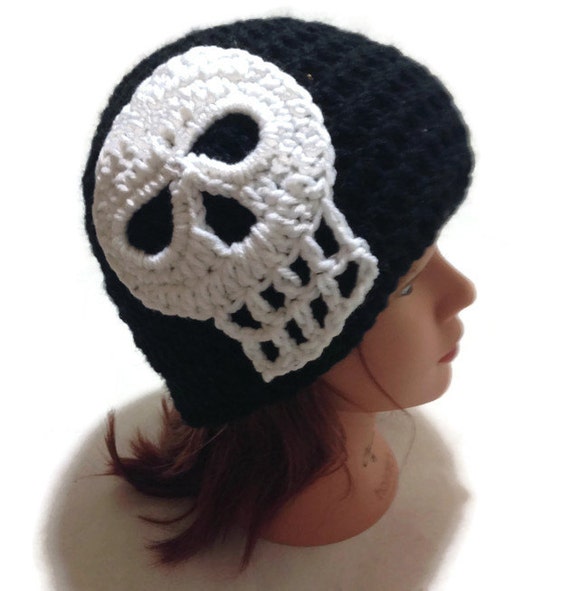 Skull Beanie Unisex Black Hat White Skull by AddSomeStitches