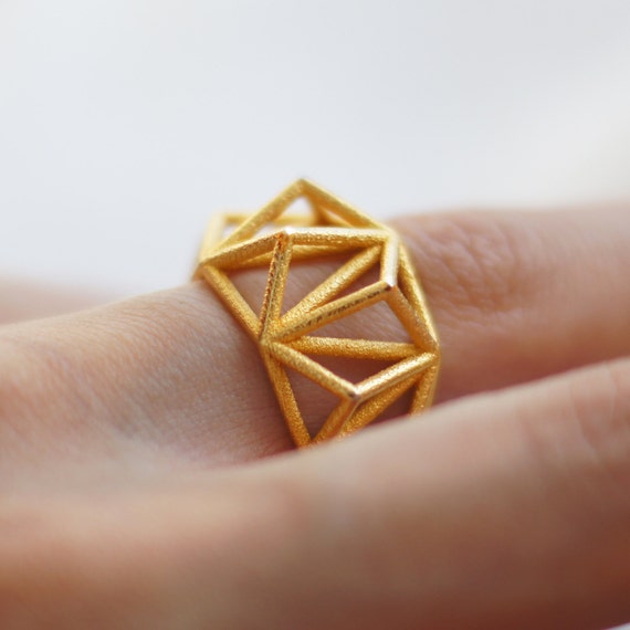 Items similar to Geometric Prism Cage 3d Printed Ring Polished Gold on Etsy