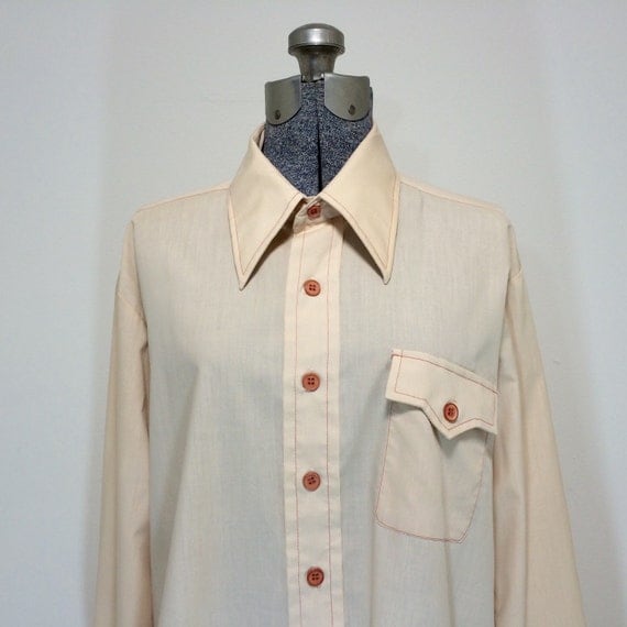 Mens Vintage 70s Van Dyke Dress Shirt / Beige / by BeatificVintage