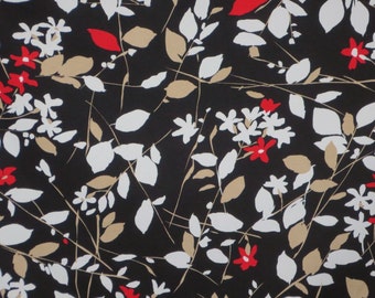 Black with Red and Beige Floral and Leaf Print Stretch Cotton Twill Fabric--One Yard