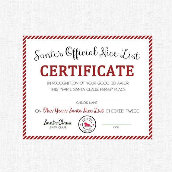 Nice List Certificate Printable or Mailed by A Delicate ...