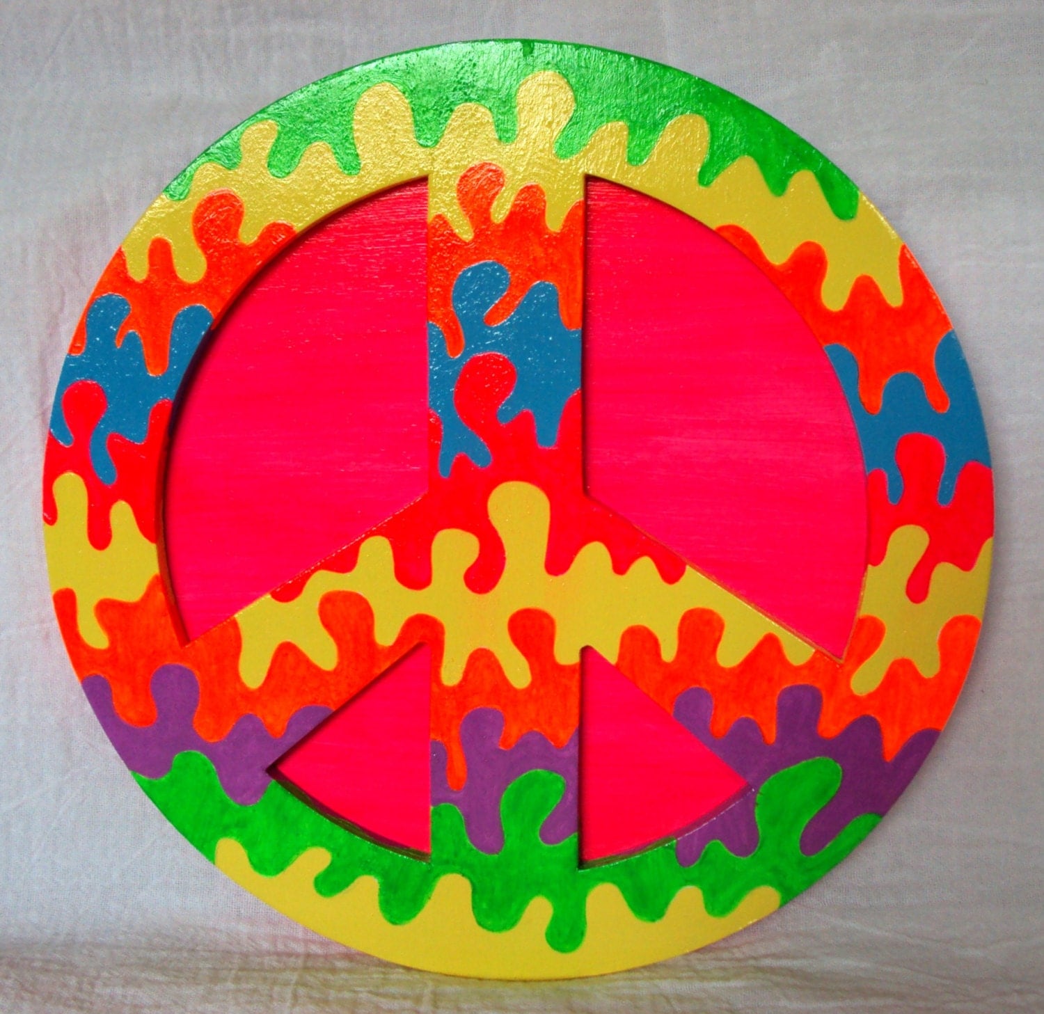 Painted Wood Peace Sign/ Bright Colors/ Wall Hanging/ 10 inch