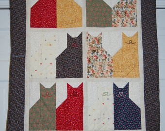 Cat quilt wall hanging lap quilt pink blue baby quilt handmade