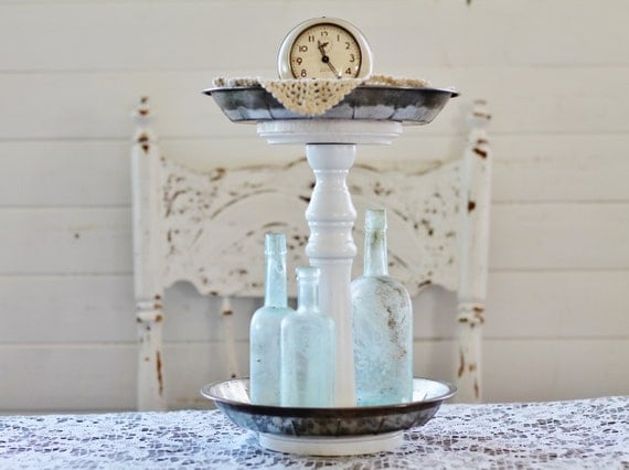 Tiered Metal Stand - Created from Vintage Pie Pans & Wooden Spindle - Repurposed and Upcycled