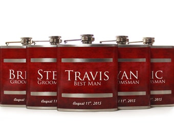 5, Groomsmen Gift Flask Sets, Personalized Flasks for Groomsmen, Red Design for Groomsmen, Best Men and Usher Gifts