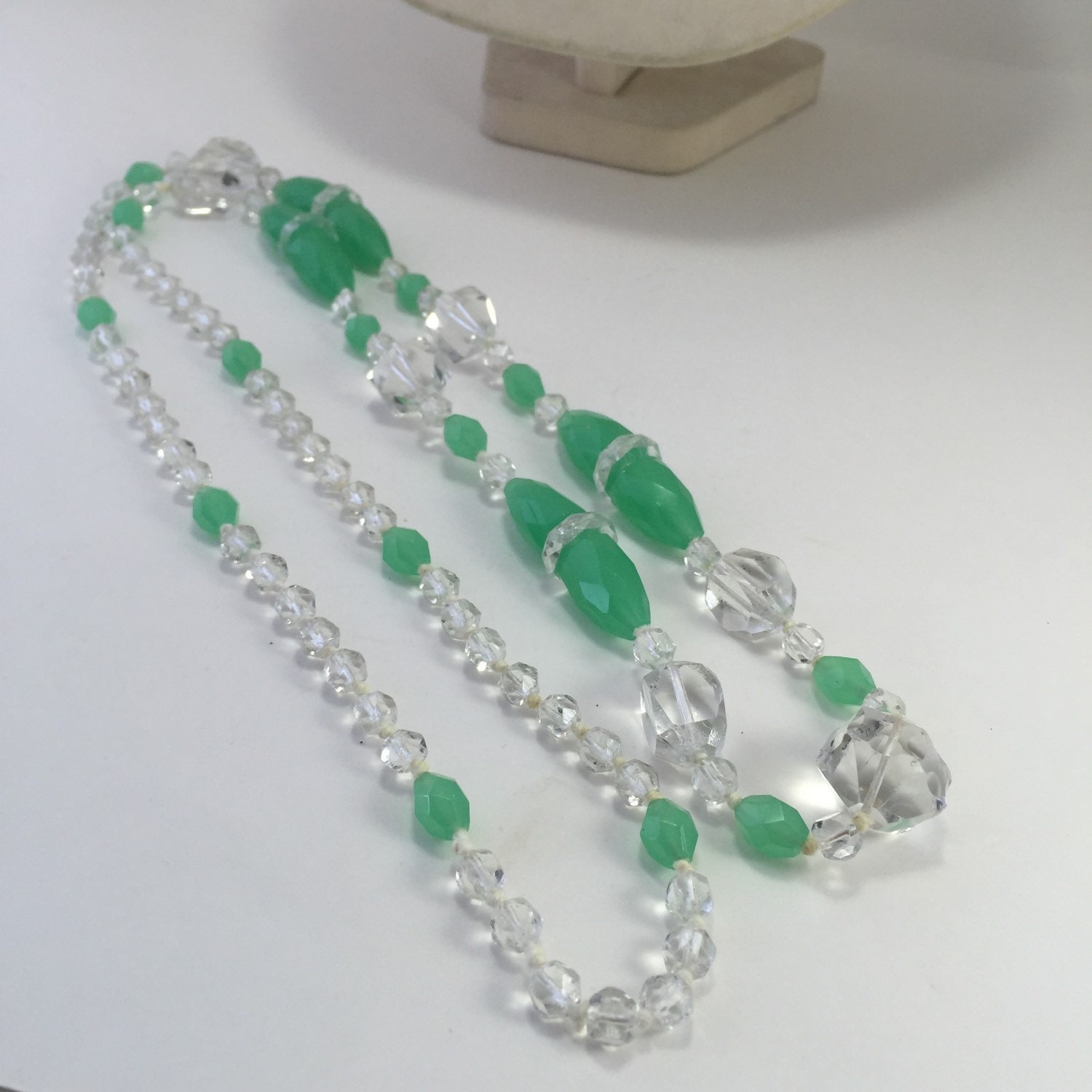 Czech Glass Bead Necklace Antique Art Deco Clear Green 8933