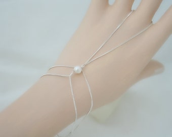 Sterling silver 925, Slave bracelet adjustable, Ring with bracelet, Br4acelet with ring, with white freshwater pearl (m14-chaine3-ss)
