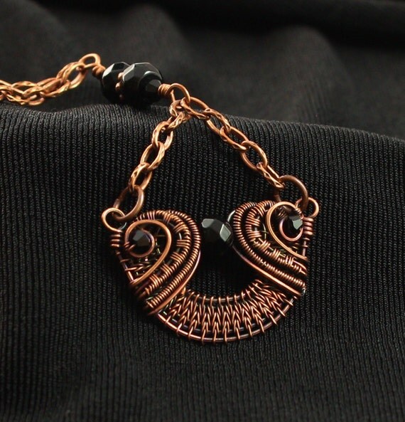 Woven Wire Jewelry Black Onyx Pendant Copper by whitecloverstudios