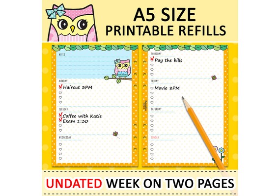 PRINTABLE A5 Size UNDATED Week On Two Pages Cute Owl Refills