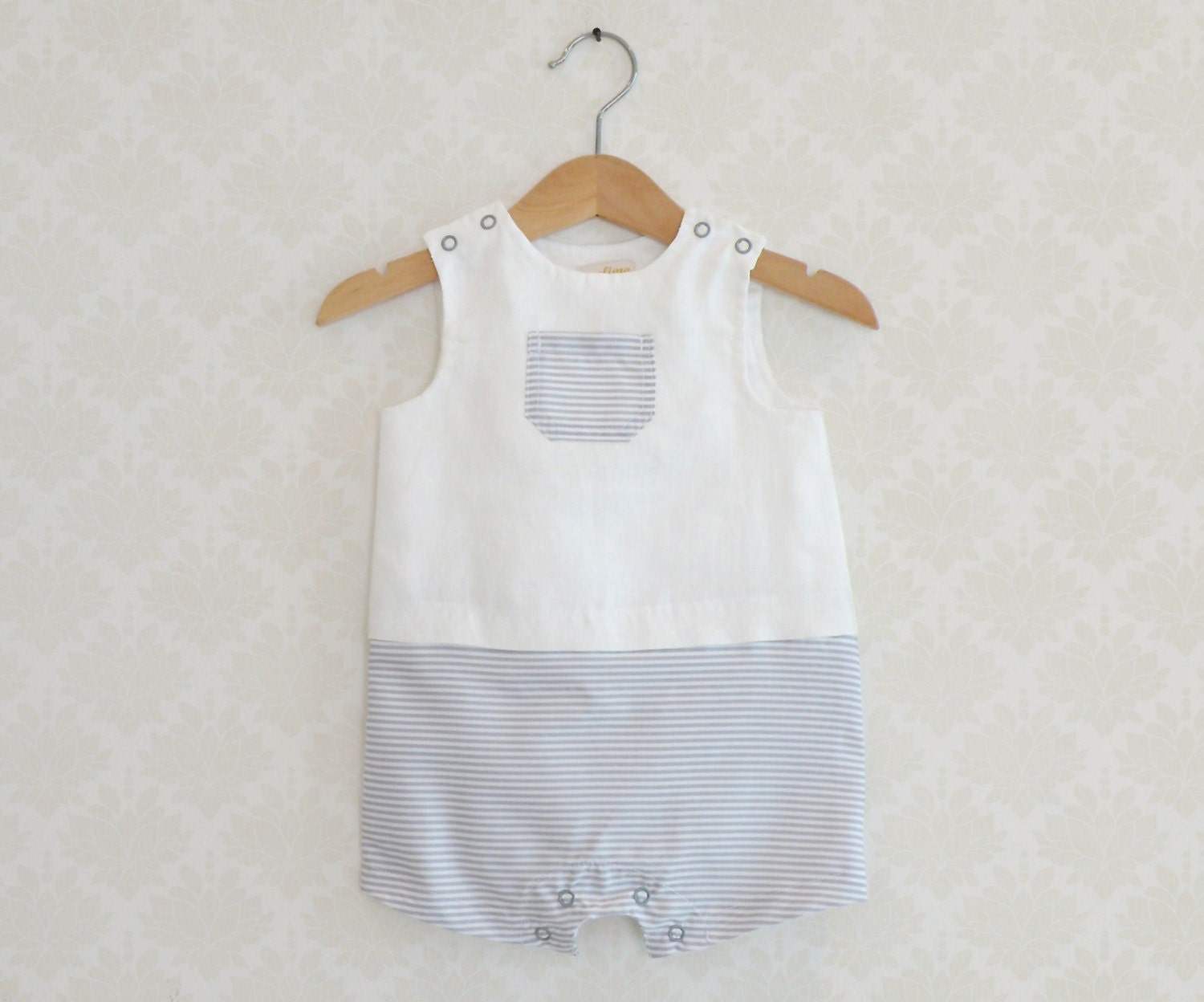 Baby Boy Romper Cream Blue and White Stripe by Melimebaby on Etsy