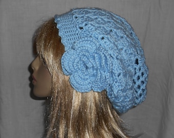 Baby Blue Crochet Slouchy Hat with Removable Flower - FREE SHIPPING to US and Canada