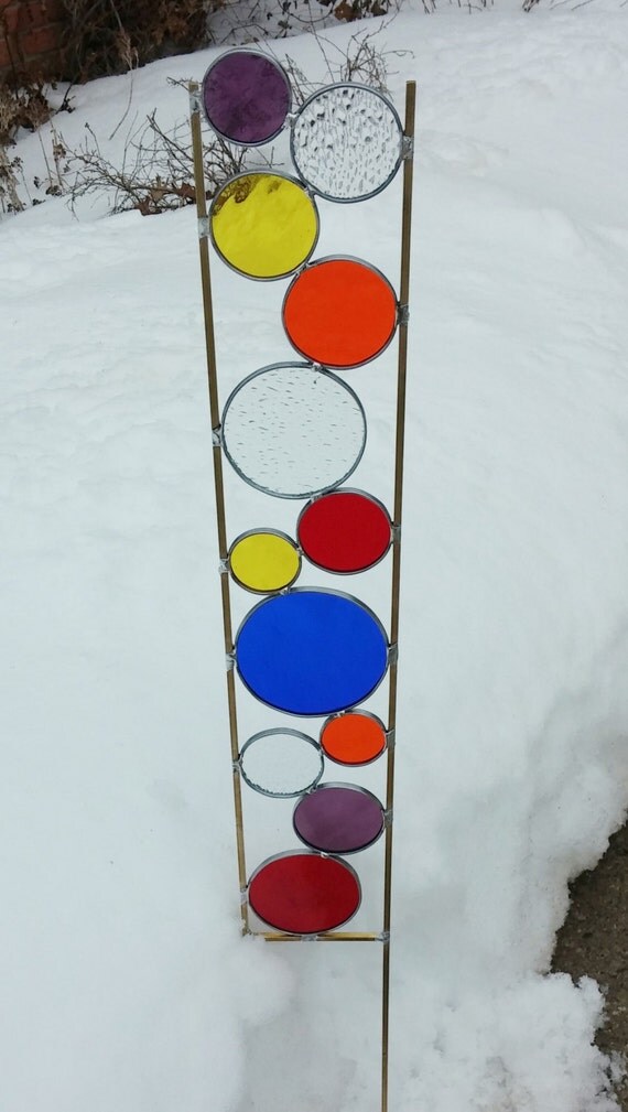 Stained glass garden art stake primary colors blue by BelloGlass