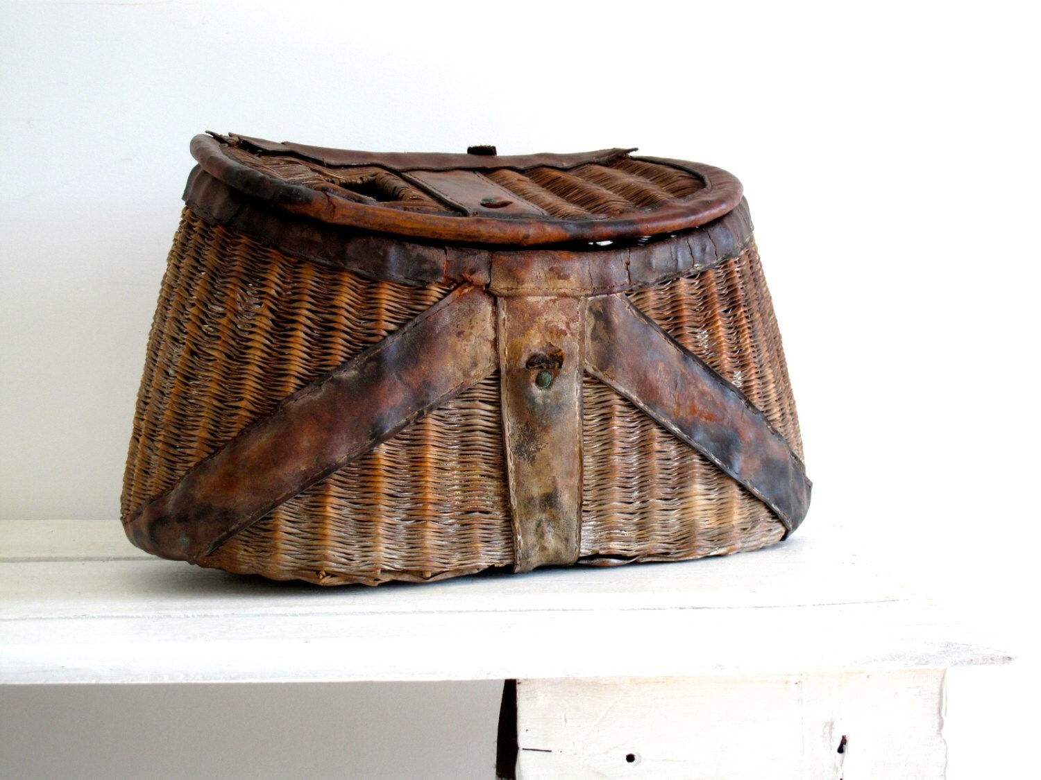 Antique Fishing Basket Industrial Storage by SnapshotVintage