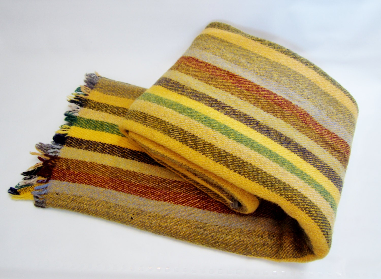 Vintage Wool Blanket Throw WARM STRIPES 60 x 60 by ReArcade