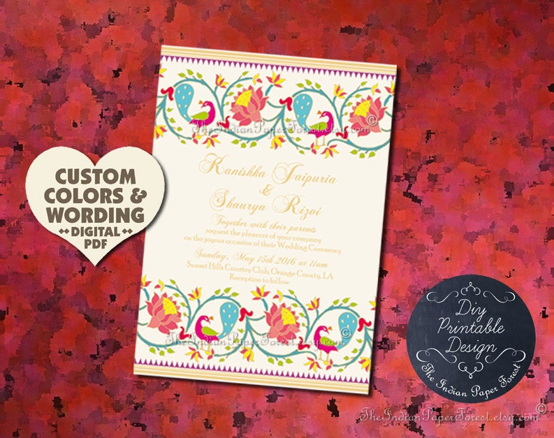 Diy Printable Paithani Lotus Peacock Invitation Design Pdf