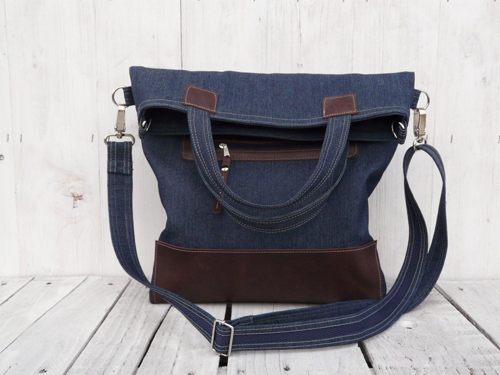 Tote Bag Leather Navy jeans canvas messenger Cross Body