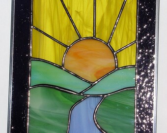 Items similar to stained glass window Mountain Lake rustic window on Etsy