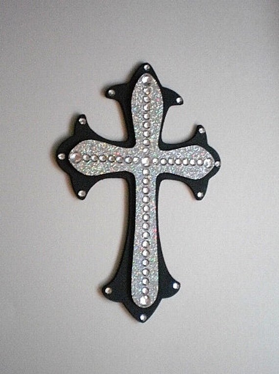 SILVER GLITTER & BLING Wall Cross hand painted wood cross