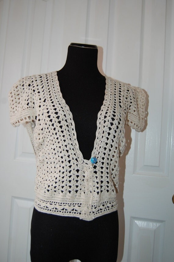 Crochet Vest Ecru Cotton Cap Sleeve Exquisite Detail in trim