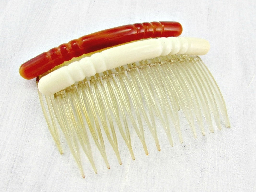 Vintage Hair Comb Set, Cream Amber Hair Combs, Clear Plastic Hair Combs