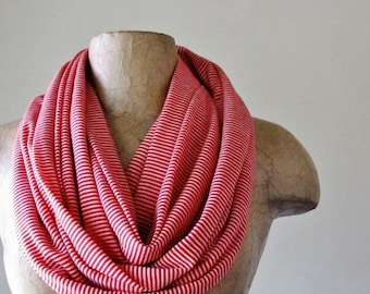 RED and WHITE Striped Scarf - Nautical Stripes Infinity Scarf - Spring Scarf with Red Stripes - Lightweight Jersey Scarf