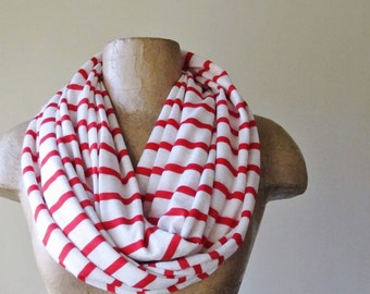 RED and WHITE Infinity Scarf - Nautical Striped Circle Scarf - Peppermint Loop Scarf - Lightweight Jersey Scarf