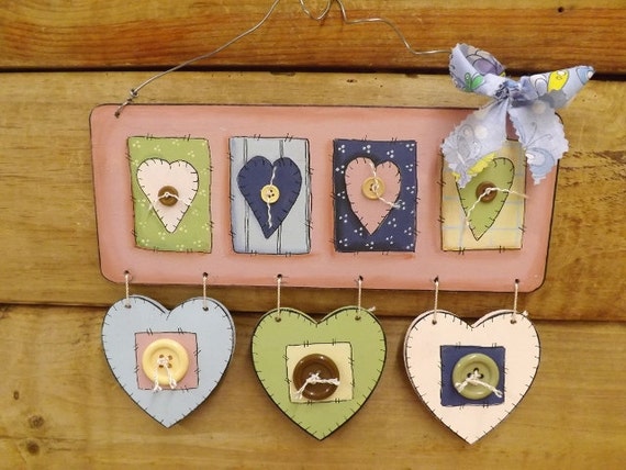 Hearts and Buttons Wall Decor, Wooden Hearts Sign, Cottage Cabin Decor, Country Cottage Decor, Heart Folk Art
