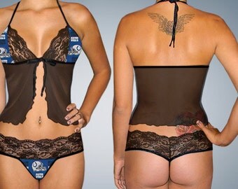Sexy handmade with NFL Indianapolis Colts fabric scallop lace camisole lingerie top with matching scallop lace G string set