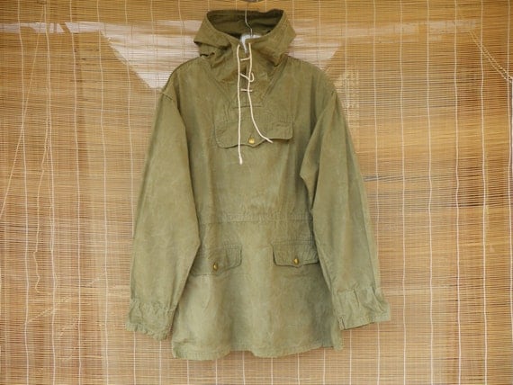 Vintage 1940s Army Green Canvas Hooded Pullover Anorak